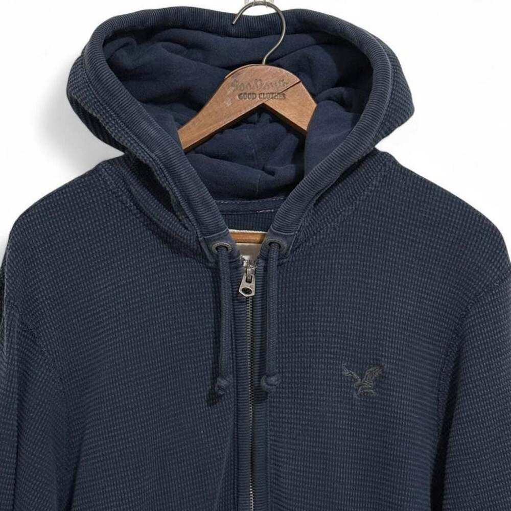 American Eagle Outfitters Navy Blue Waffle Knit Thermal Zip-Up Hoodie